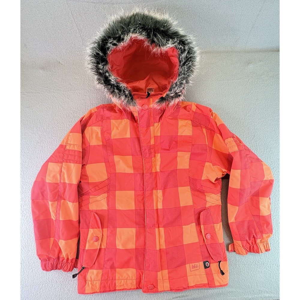 Rei Kids Kids Full Zip Jacket Girls 8 Orange Plaid Outdoor Ski Snowboard